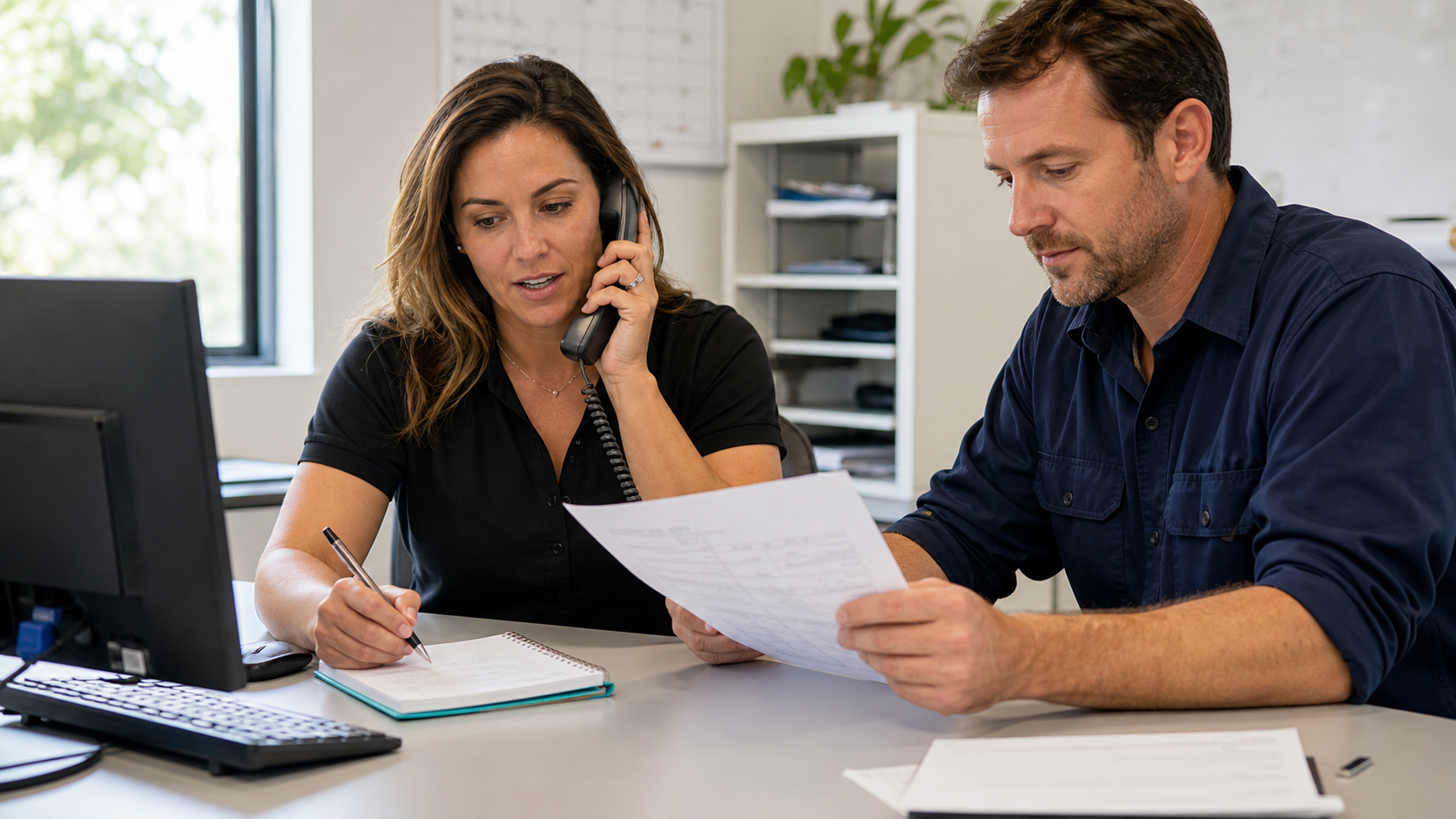 Field service coordinator and technician reviewing the day’s schedule in a home-service office