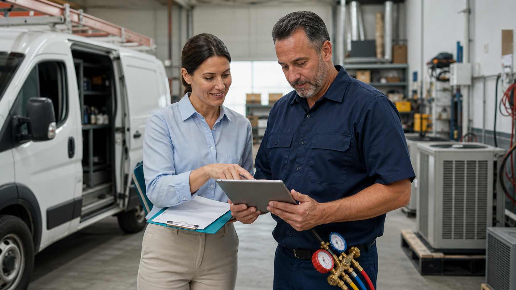 HVAC service coordinator and technician reviewing appointment details on a tablet