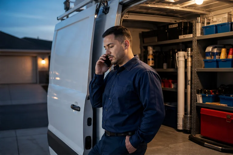 After-hours service workflow showing an incoming call moving through urgency review to a booked next step