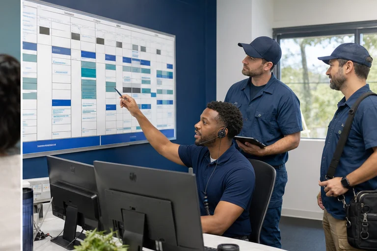 Field-service dispatch board coordinating technician availability, customer locations, and scheduled jobs