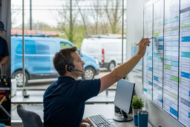 HVAC scheduling board matching service type, technician availability, and dispatch window