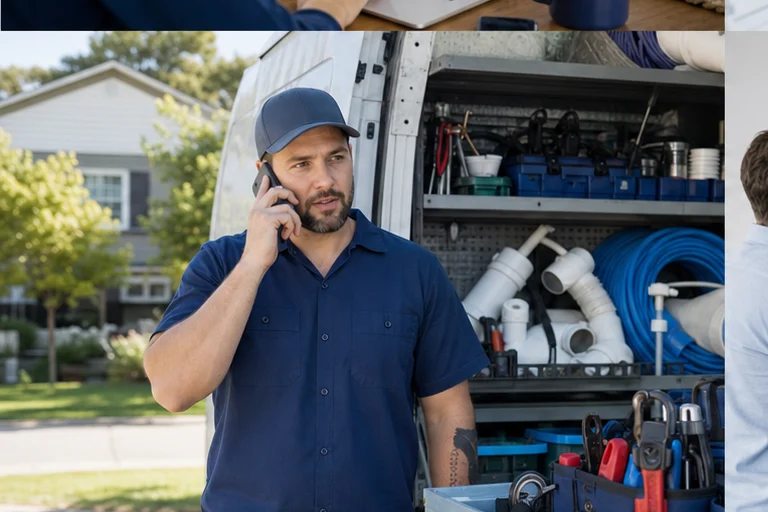 Plumbing call-intake interface capturing leak location, containment, urgency, and service area