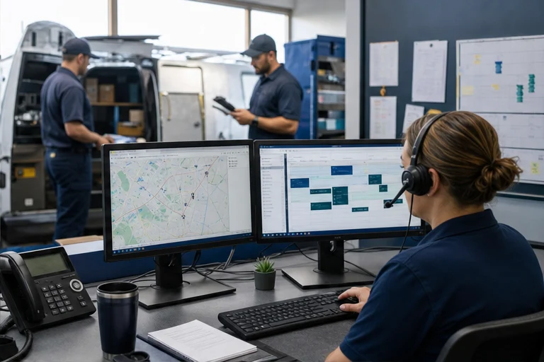 Service-management scheduling board synchronizing qualified intake, calendar availability, and dispatch notes