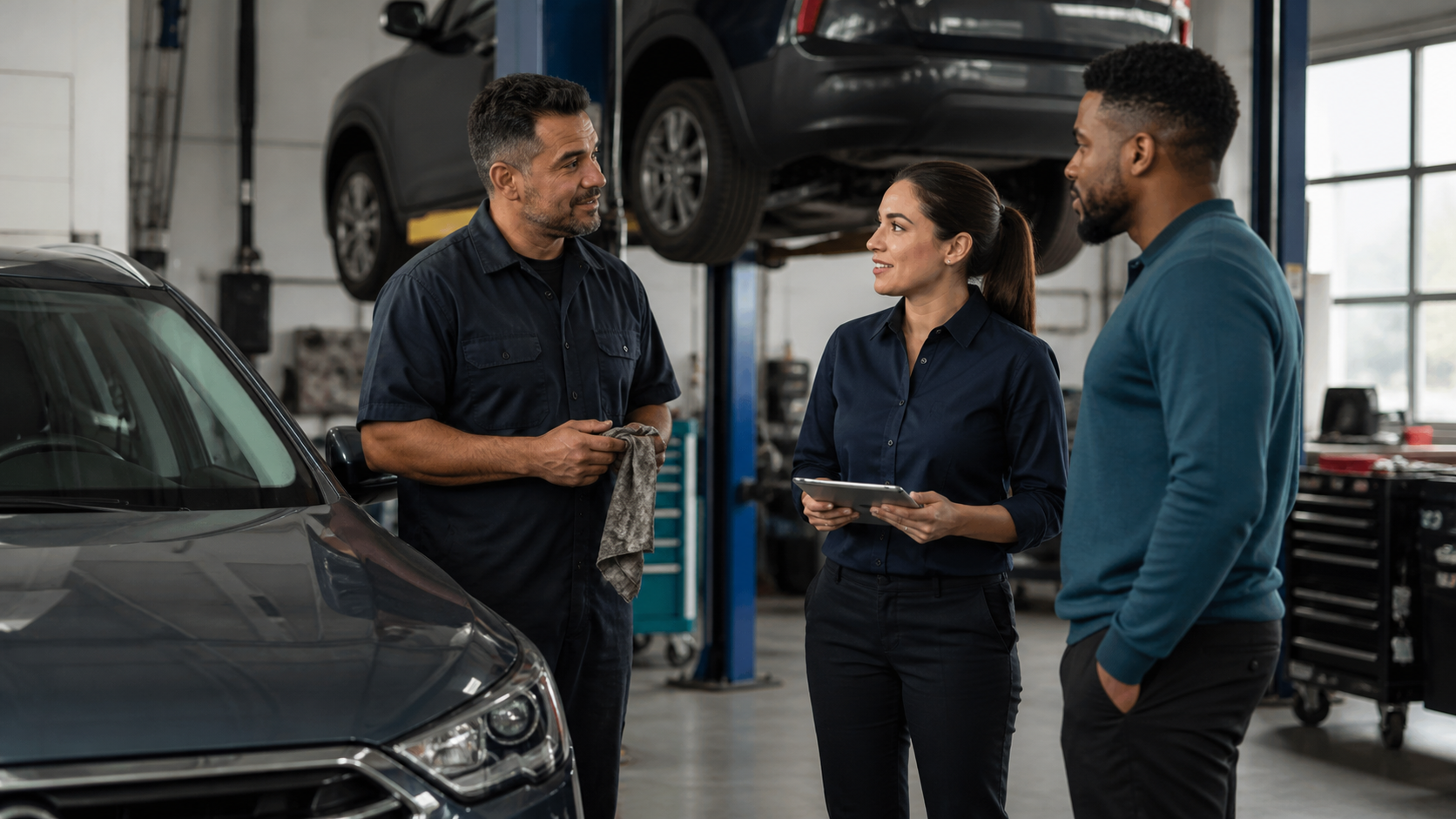 Mechanic and service advisor speaking with a customer in an auto repair shop
