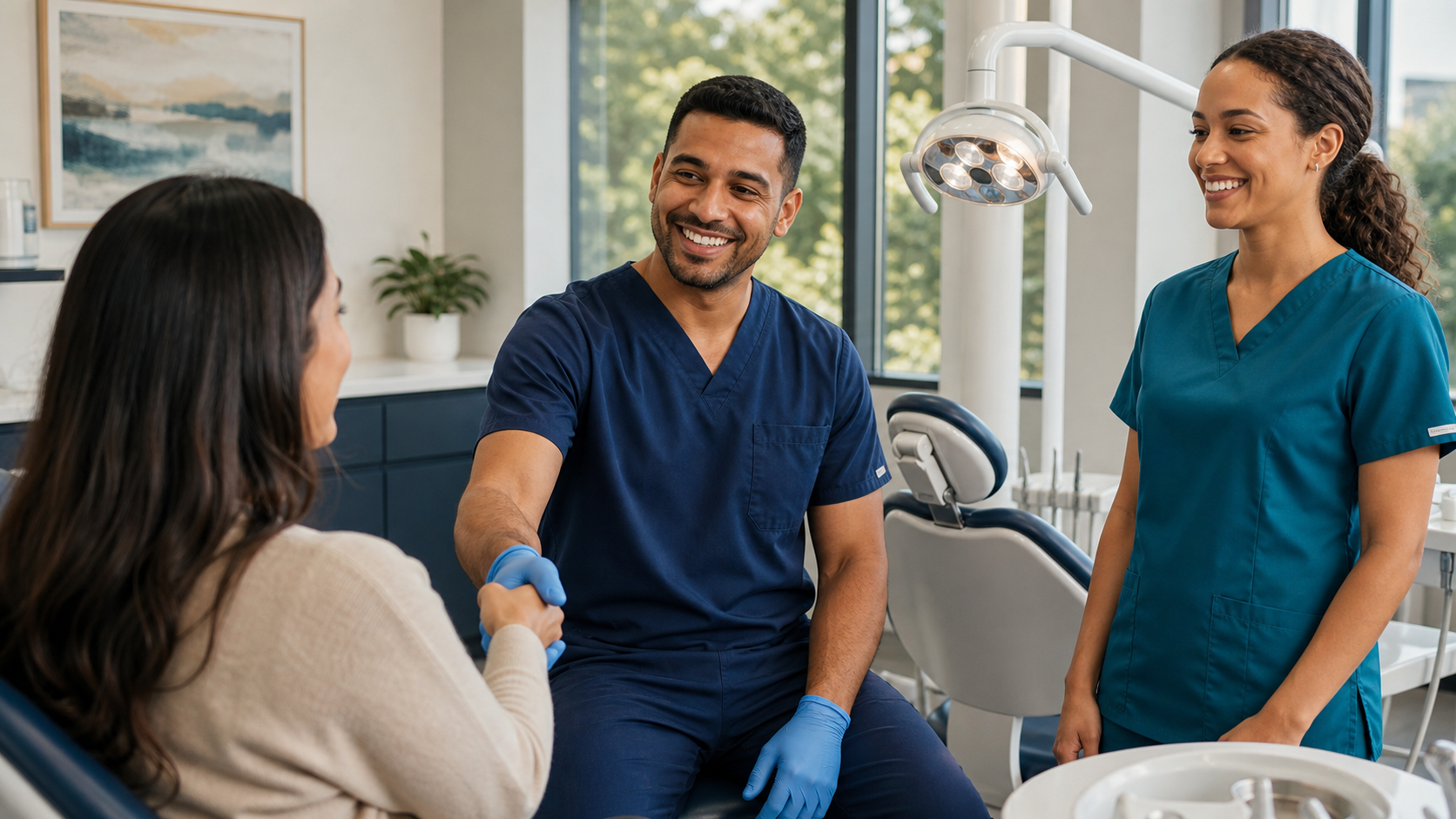 Dental reception setting representing appointment booking and patient intake