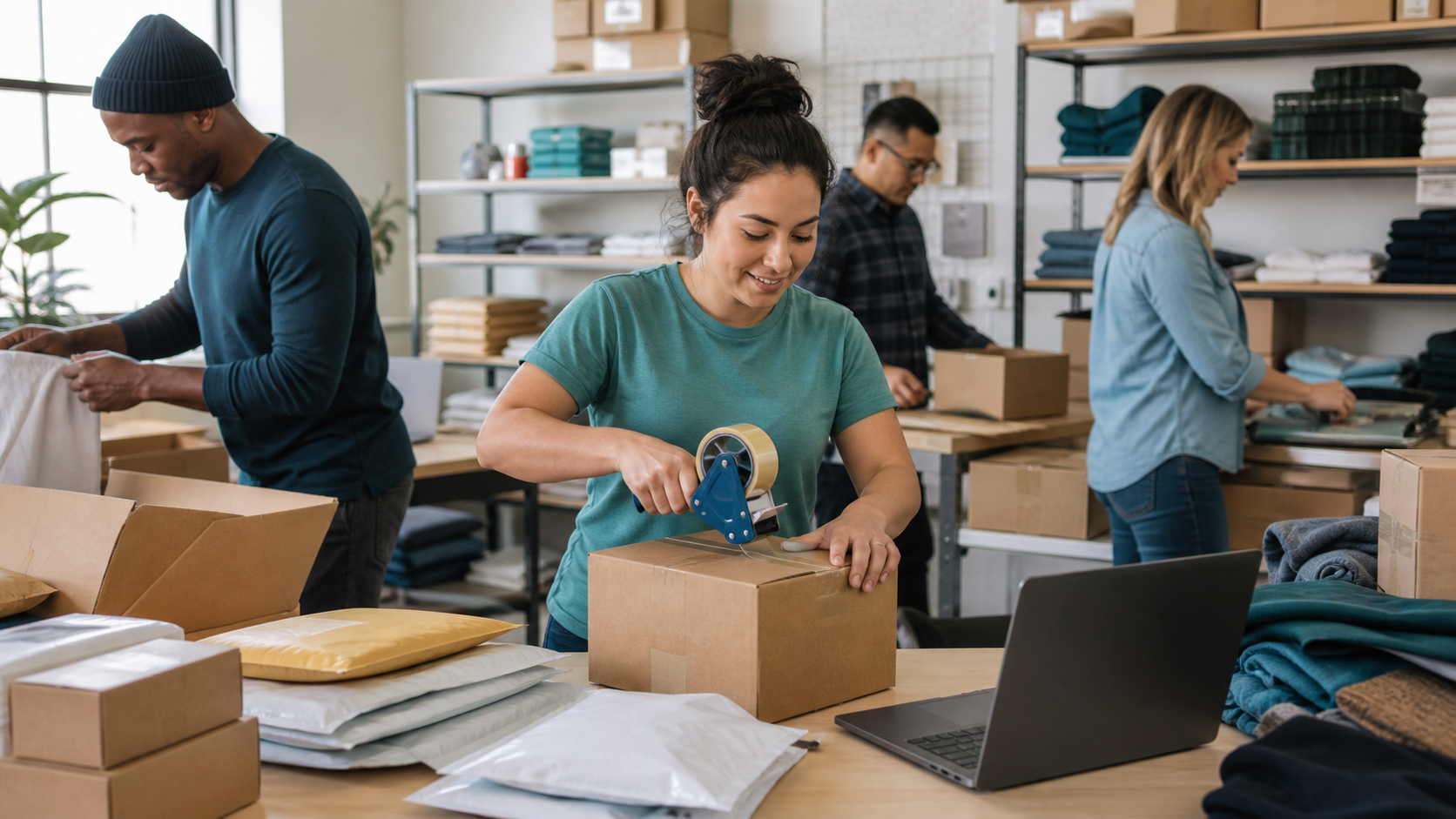 Ecommerce team packing customer orders in a small fulfillment workspace