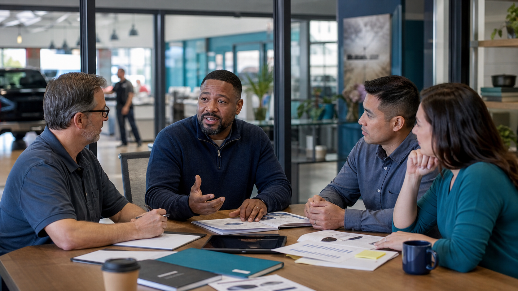 Multi-location managers reviewing operations together