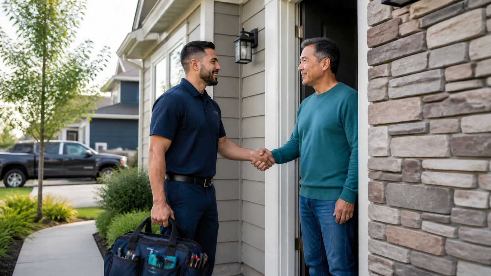 Home-service technician greeting a homeowner before a scheduled visit