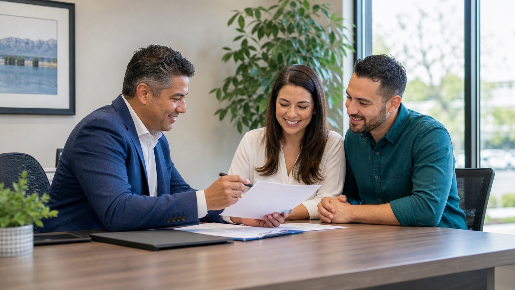 Insurance advisor reviewing coverage with clients in a local office