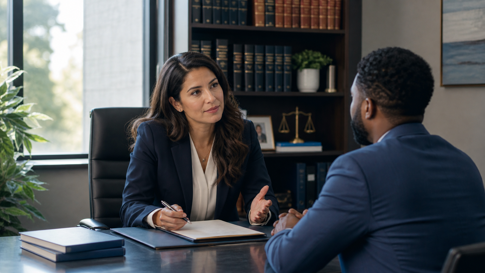 Attorney meeting with a client in a professional legal office