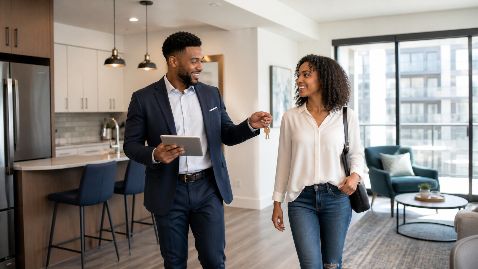 Property manager walking through an apartment with a prospective resident