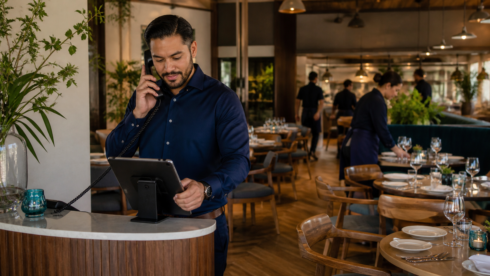 Restaurant host handling a phone reservation at the front desk