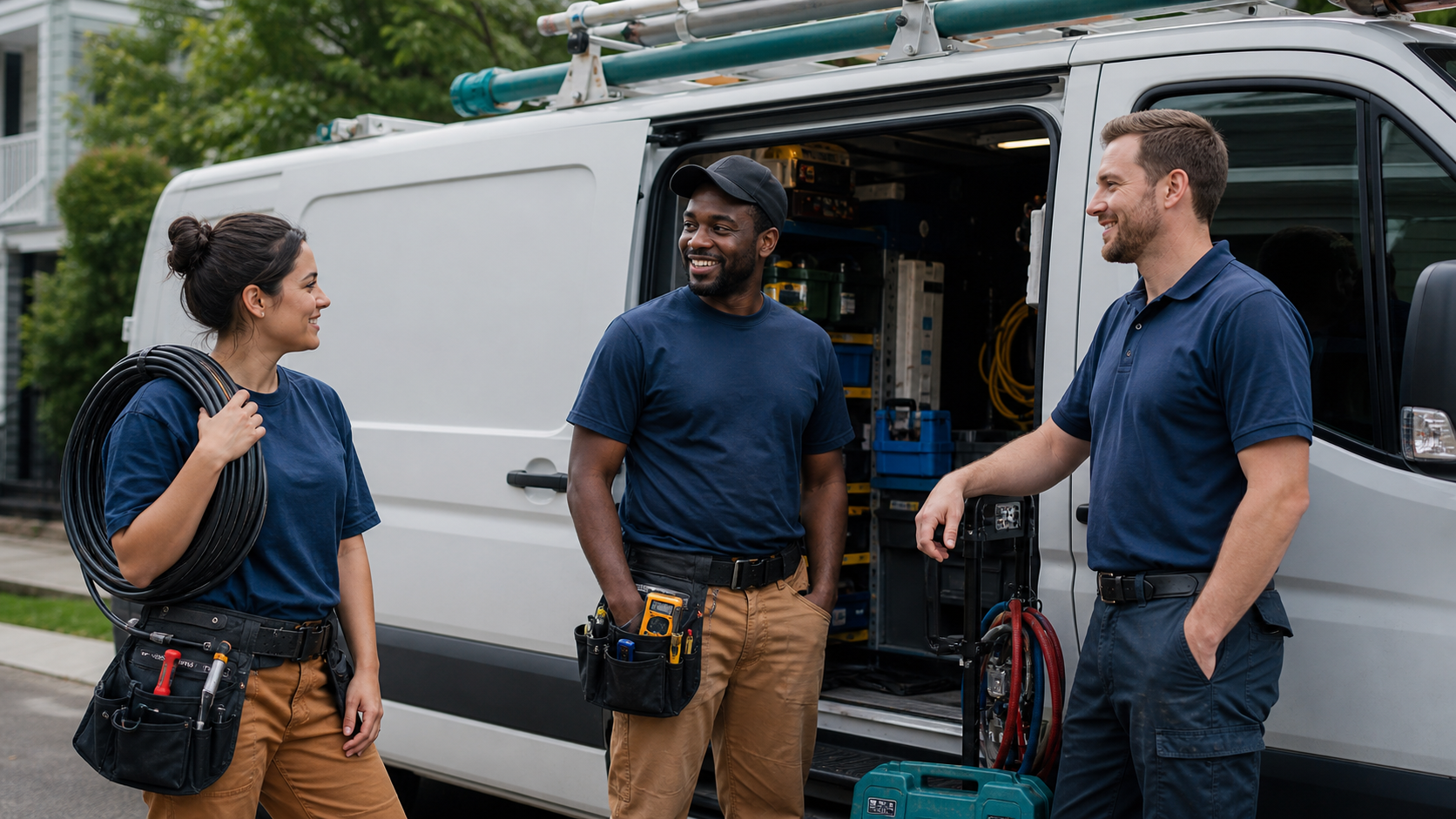 Plumber, electrician, and HVAC technician beside an unbranded service van