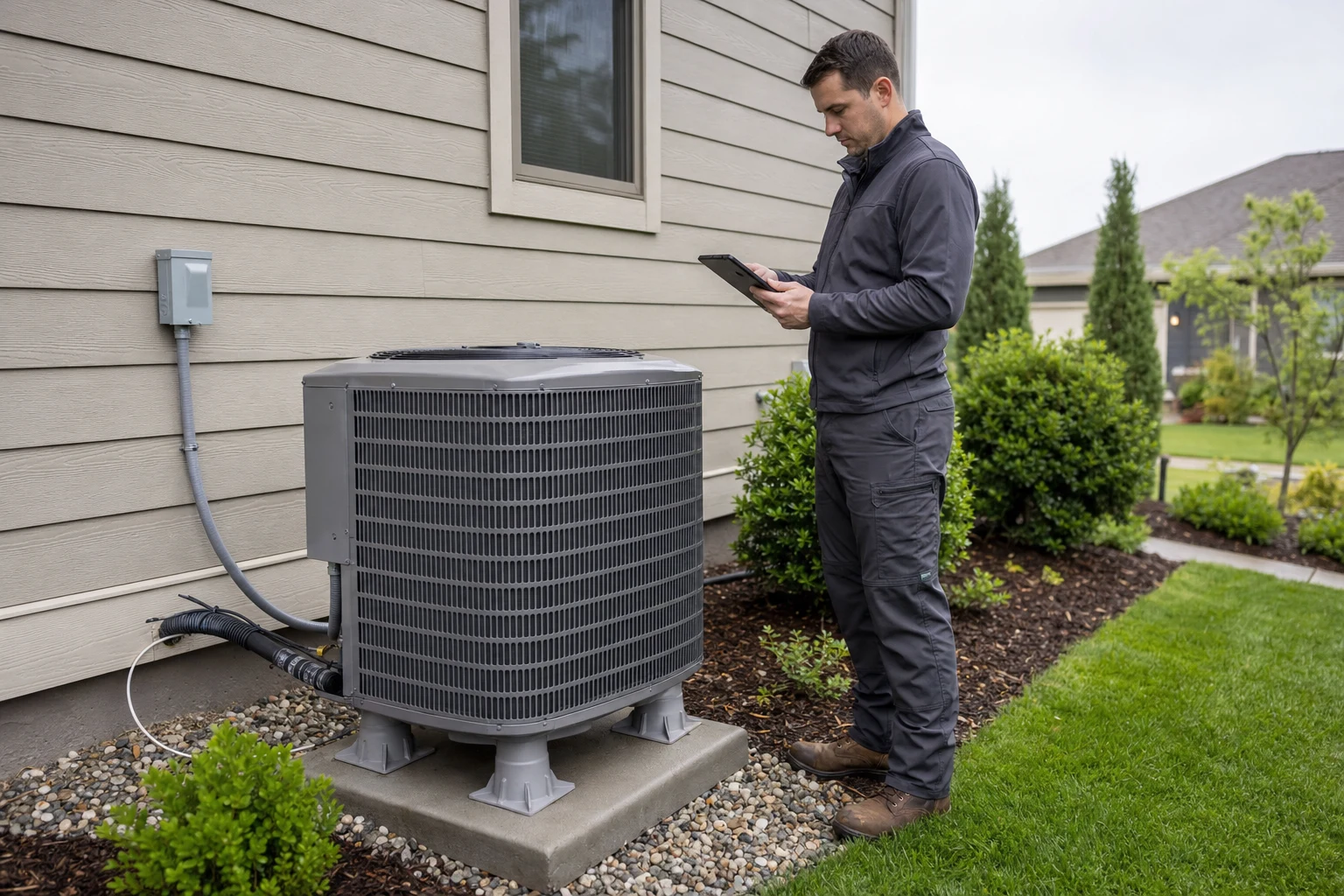 HVAC technician inspecting an outdoor heat pump beside a suburban home while reviewing service details on a tablet