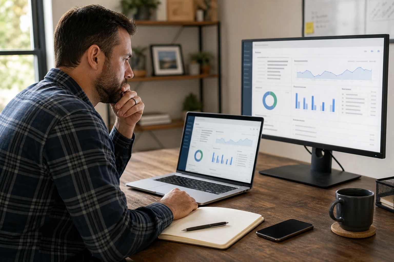 Home-service business owner reviewing search traffic and lead-performance dashboards at an office desk