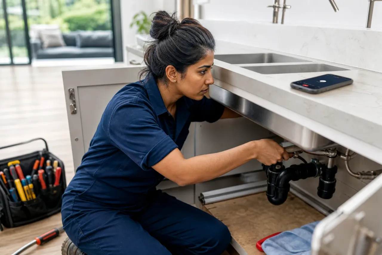 Plumber working on a residential sink service call