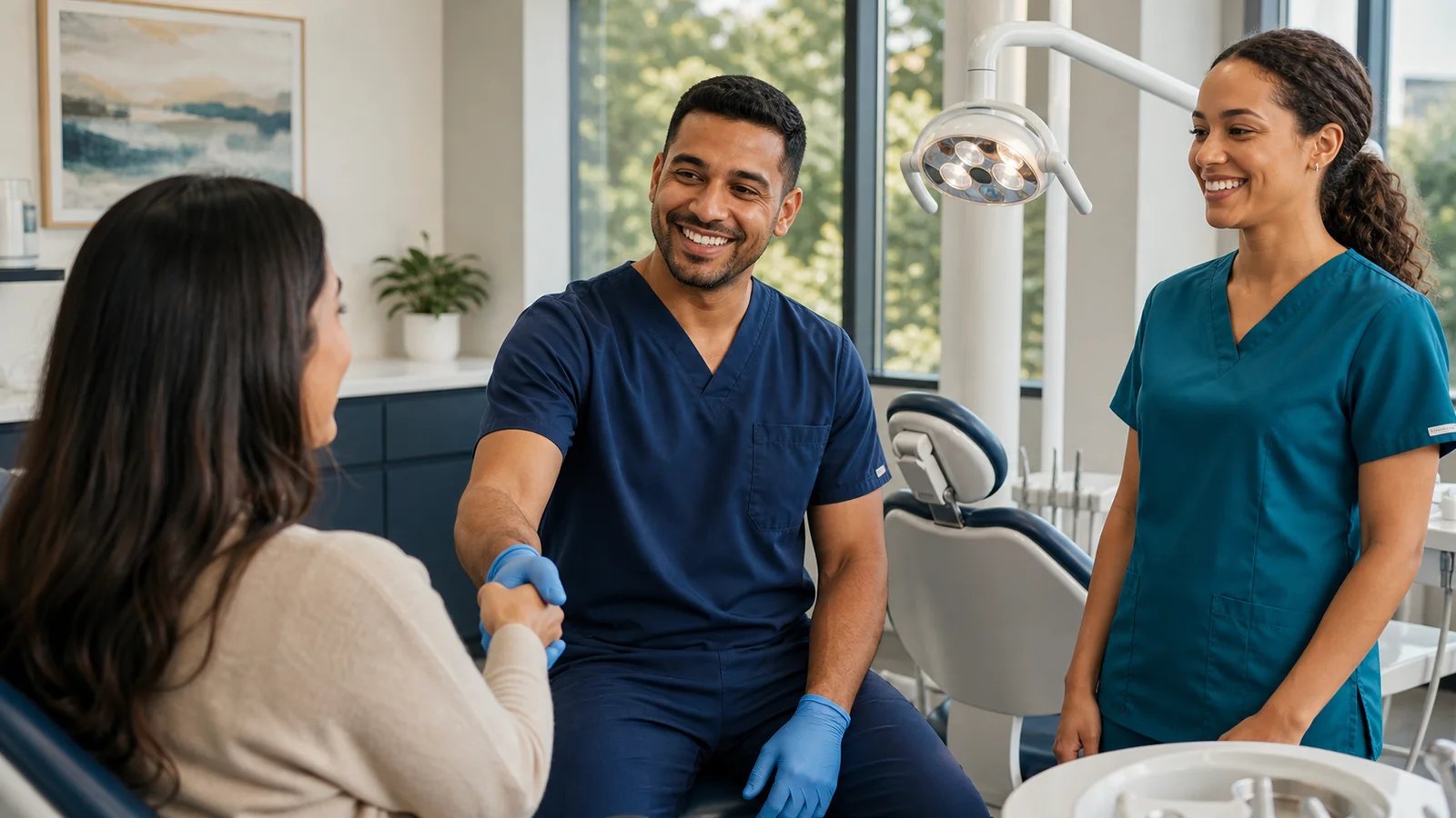 Dentist and assistant welcoming a patient in a modern dental treatment room