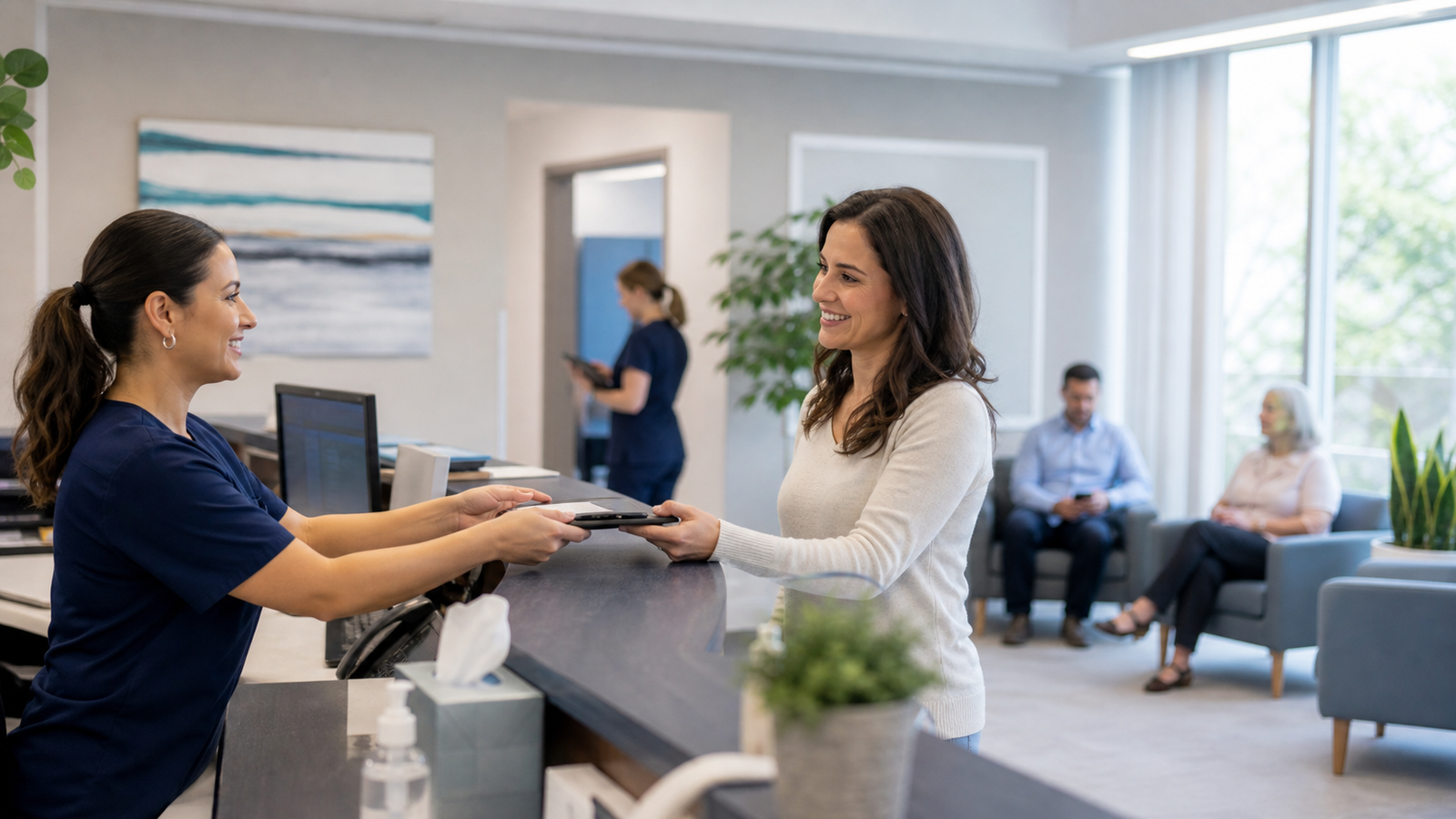 Clinic receptionist helping a patient at an independent healthcare practice